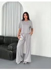 Osy Modal Yumuşak Dokulu Kumaş Bisiklet Yaka T-shirt  Bol Paça Pantalon Ikili Takım - Boyalı Gri