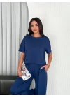 Osy Modal Yumuşak Dokulu Kumaş Bisiklet Yaka T-shirt Bol Paça Pantalon Ikili Takım -Saks Mavi