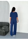 Osy Modal Yumuşak Dokulu Kumaş Bisiklet Yaka T-shirt Bol Paça Pantalon Ikili Takım -Saks Mavi
