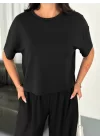 Osy Modal Yumuşak Dokulu Kumaş Bisiklet Yaka T-shirt Bol Paça Pantalon Ikili Takım -Siyah
