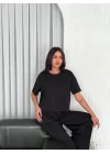 Osy Modal Yumuşak Dokulu Kumaş Bisiklet Yaka T-shirt Bol Paça Pantalon Ikili Takım -Siyah