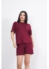 Osy Modal Yumuşak Dokulu Kumaş Bisiklet Yaka T-shirt Kısa Şort İkili Takım - Bordo