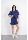 Osy Modal Yumuşak Dokulu Kumaş Bisiklet Yaka T-shirt Kısa Şort İkili Takım - Mavi
