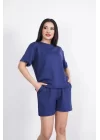 Osy Modal Yumuşak Dokulu Kumaş Bisiklet Yaka T-shirt Kısa Şort İkili Takım - Mavi