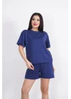 Osy Modal Yumuşak Dokulu Kumaş Bisiklet Yaka T-shirt Kısa Şort İkili Takım - Mavi