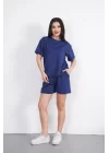 Osy Modal Yumuşak Dokulu Kumaş Bisiklet Yaka T-shirt Kısa Şort İkili Takım - Mavi