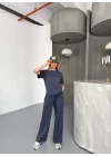 Osy Modal Yumuşak Dokulu Kumaş Kısa Kollu Bluz Rahat Pantalon Ikili Takım- Füme