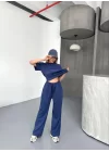 Osy Modal Yumuşak Dokulu Kumaş Kısa Kollu Bluz Rahat Pantalon Ikili Takım- Lacivert