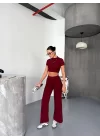 Osy Modal Yumuşak Dokulu Kumaş Kısa Kollu Crop Alt Ispanyol Paça Pantalon Ikili Takım - Bordo