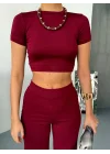 Osy Modal Yumuşak Dokulu Kumaş Kısa Kollu Crop Alt Ispanyol Paça Pantalon Ikili Takım - Bordo