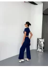 Osy Modal Yumuşak Dokulu Kumaş Kısa Kollu Crop Alt Ispanyol Paça Pantalon Ikili Takım - Lacivert