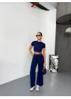 Osy Modal Yumuşak Dokulu Kumaş Kısa Kollu Crop Alt Ispanyol Paça Pantalon Ikili Takım - Lacivert