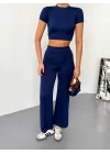 Osy Modal Yumuşak Dokulu Kumaş Kısa Kollu Crop Alt Ispanyol Paça Pantalon Ikili Takım - Lacivert