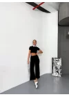 Osy Modal Yumuşak Dokulu Kumaş Kısa Kollu Crop Alt Ispanyol Paça Pantalon Ikili Takım - Siyah