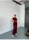 Osy Modal Yumuşak Dokulu Kumaş Kısa Kollu Crop Rahat Pantalon Ikili Takım - Bordo