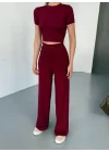 Osy Modal Yumuşak Dokulu Kumaş Kısa Kollu Crop Rahat Pantalon Ikili Takım - Bordo