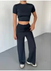 Osy Modal Yumuşak Dokulu Kumaş Kısa Kollu Crop Rahat Pantalon Ikili Takım - Füme