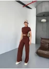 Osy Modal Yumuşak Dokulu Kumaş Kısa Kollu Crop Rahat Pantalon Ikili Takım - Kahverengi