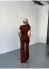 Osy Modal Yumuşak Dokulu Kumaş Kısa Kollu Crop Rahat Pantalon Ikili Takım - Kahverengi