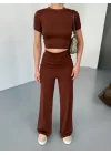 Osy Modal Yumuşak Dokulu Kumaş Kısa Kollu Crop Rahat Pantalon Ikili Takım - Kahverengi