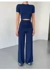 Osy Modal Yumuşak Dokulu Kumaş Kısa Kollu Crop Rahat Pantalon Ikili Takım - Lacivert