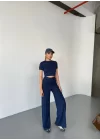 Osy Modal Yumuşak Dokulu Kumaş Kısa Kollu Crop Rahat Pantalon Ikili Takım - Lacivert