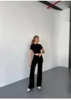 Osy Modal Yumuşak Dokulu Kumaş Kısa Kollu Crop Rahat Pantalon Ikili Takım - Siyah