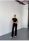 Osy Modal Yumuşak Dokulu Kumaş Kısa Kollu Crop Rahat Pantalon Ikili Takım - Siyah