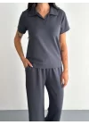 Osy Modal Yumuşak Dokulu Kumaş Kısa Kollu Yakalı T-shirt Pantalon Ikili Takım- Antrasit