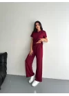 Osy Modal Yumuşak Dokulu Kumaş Kısa Kollu Yakalı T-shirt Pantalon Ikili Takım- Bordo