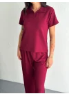 Osy Modal Yumuşak Dokulu Kumaş Kısa Kollu Yakalı T-shirt Pantalon Ikili Takım- Bordo
