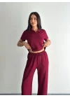 Osy Modal Yumuşak Dokulu Kumaş Kısa Kollu Yakalı T-shirt Pantalon Ikili Takım- Bordo