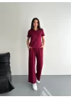 Osy Modal Yumuşak Dokulu Kumaş Kısa Kollu Yakalı T-shirt Pantalon Ikili Takım- Bordo