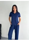 Osy Modal Yumuşak Dokulu Kumaş Kısa Kollu Yakalı T-shirt Pantalon Ikili Takım- Lacivert