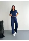 Osy Modal Yumuşak Dokulu Kumaş Kısa Kollu Yakalı T-shirt Pantalon Ikili Takım- Lacivert