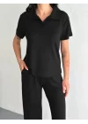 Osy Modal Yumuşak Dokulu Kumaş Kısa Kollu Yakalı T-shirt Pantalon Ikili Takım- Siyah