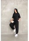 Osy Modal Yumuşak Dokulu Kumaş Oversize Bisiklet Yaka T-shirt Jogger Eşofman Altı Eşofman Takımı - Siyah