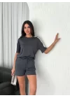 Osy Modal Yumuşak Dokulu Kumaş Parçalı Bisiklet Yaka T-shirt Kısa Şort İkili Takım - Antrasit