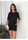 Osy Modal Yumuşak Dokulu Kumaş Parçalı Bisiklet Yaka T-shirt Kısa Şort İkili Takım - Siyah