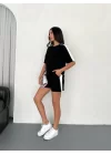 Osy Modal Yumuşak Dokulu Kumaş Parçalı Bisiklet Yaka T-shirt Kısa Şort İkili Takım - Siyah