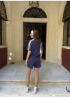 Osy Modal Yumuşak Dokulu Kumaş Parçalı Bisiklet Yaka T-shirt Mini Şortlu Etek İkili Takım -Lacivert