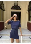 Osy Modal Yumuşak Dokulu Kumaş Parçalı Bisiklet Yaka T-shirt Mini Şortlu Etek İkili Takım -Lacivert