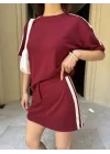 Osy Modal Yumuşak Dokulu Kumaş Parçalı Bisiklet Yaka T-shirt Mini Şortlu Etek İkili Takım -Bordo
