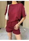 Osy Modal Yumuşak Dokulu Kumaş Parçalı Bisiklet Yaka T-shirt Mini Şortlu Etek İkili Takım -Bordo