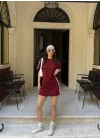 Osy Modal Yumuşak Dokulu Kumaş Parçalı Bisiklet Yaka T-shirt Mini Şortlu Etek İkili Takım -Bordo