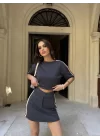 Osy Modal Yumuşak Dokulu Kumaş Parçalı Bisiklet Yaka T-shirt Mini Şortlu Etek İkili Takım - Füme