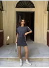 Osy Modal Yumuşak Dokulu Kumaş Parçalı Bisiklet Yaka T-shirt Mini Şortlu Etek İkili Takım - Füme
