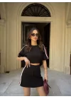 Osy Modal Yumuşak Dokulu Kumaş Parçalı Bisiklet Yaka T-shirt Mini Şortlu Etek İkili Takım - Siyah