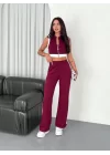 Osy Modal Yumuşak Dokulu Kumaş Tam Fermuarlı Crop Pantalon İkili Takım - Bordo
