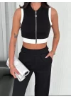 Osy Modal Yumuşak Dokulu Kumaş Tam Fermuarlı Crop Pantalon İkili Takım - Siyah